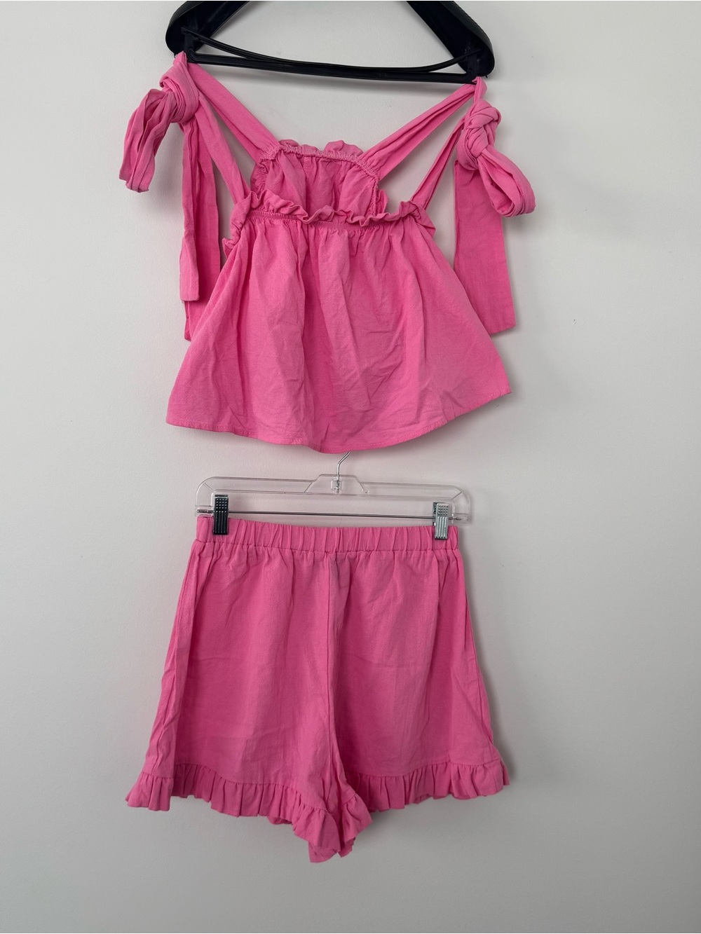 Womens Pink Cotton 2 Piece Matching Set Tie Shoulder Crop Top Ruffle Shorts M 6